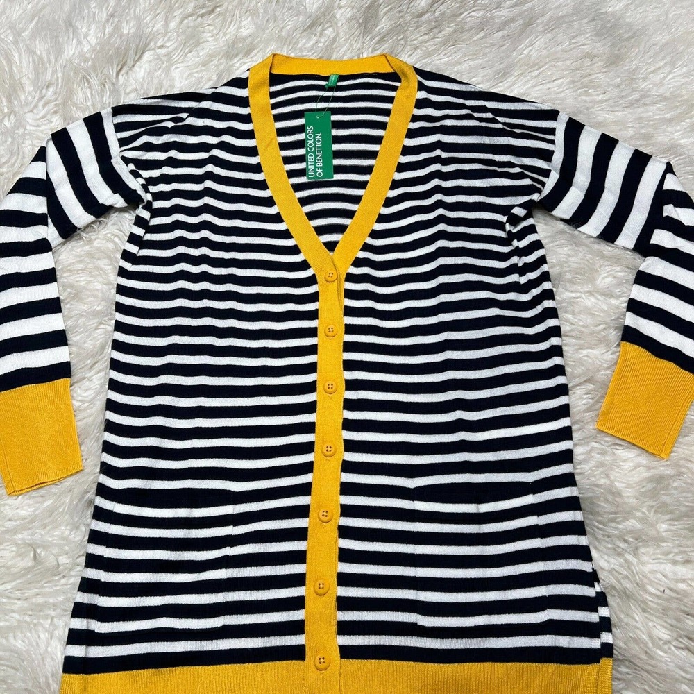 United Colors of Benetton Yellow & White Striped Cardigan Sweater Womens - Picture 2 of 5